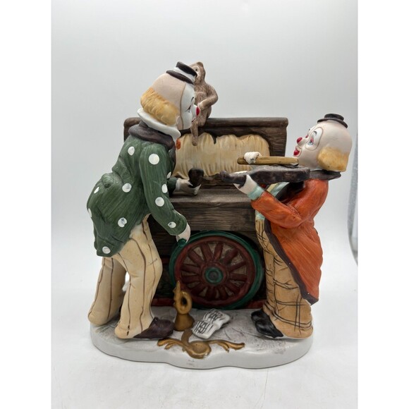 Vintage Clown Music Box Statue Two Clowns Monkey Hurdy Gurdy Circus Decor 9” - Picture 1 of 12